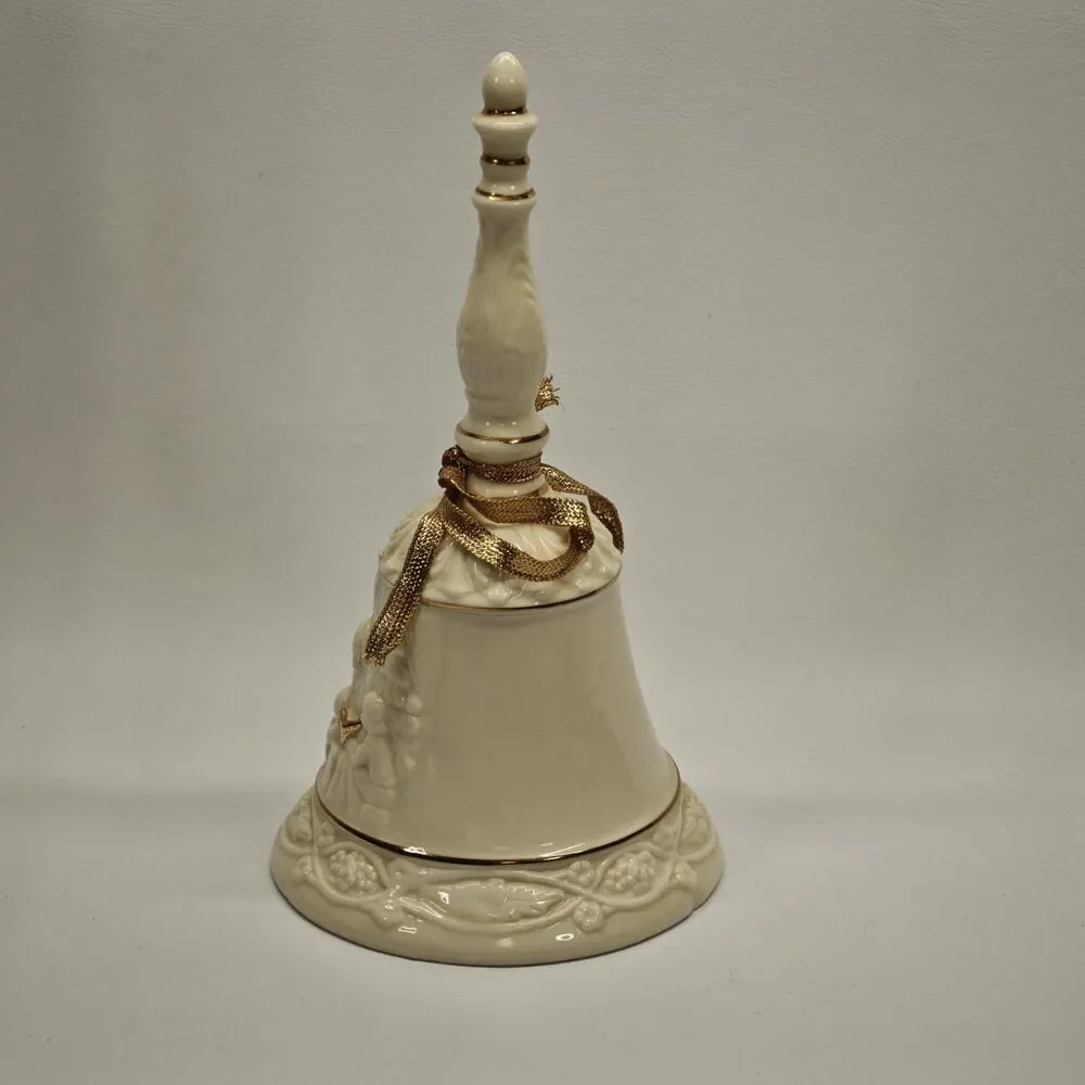 Vintage Ivory Porcelain Christmas Bell Santa Reading Children Gold Trim 7 Inch